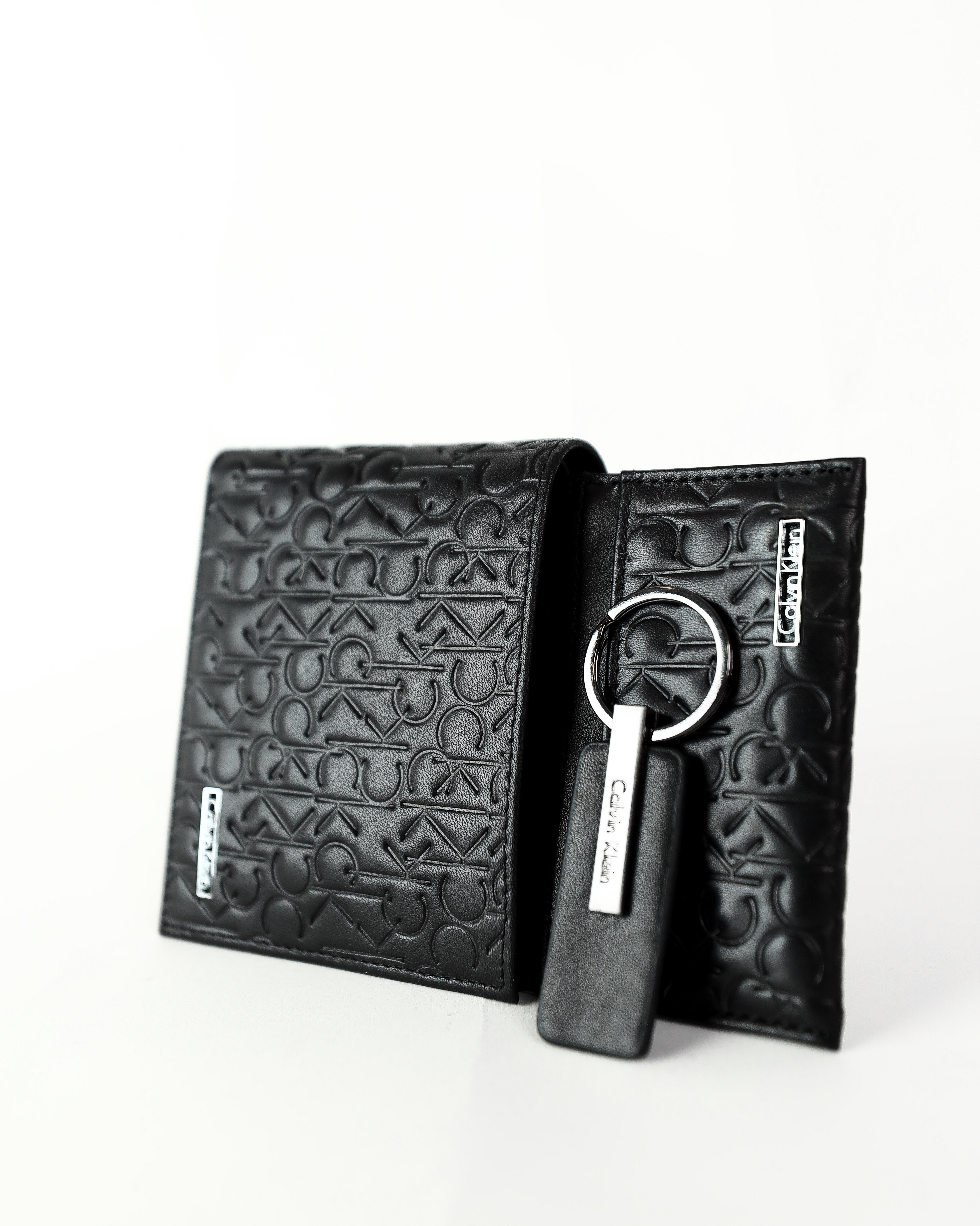 CK Black Monogram Leather Wallet-Keychain-Card Holder Set For Men #7
