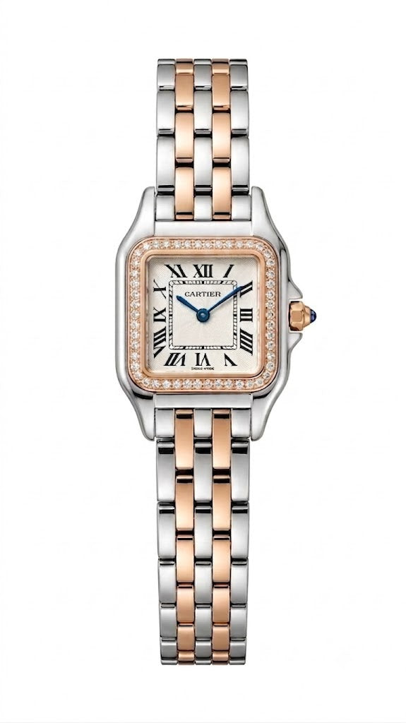 Cartier Women's Small Square Two-Tone Stainless Steel Watch with Silver Dial & Rose Gold Accents Dimensions: 25.1 × 18.5 mm
