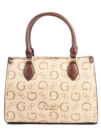 GUESS Beige Logo Crossbody Bag with Brown Handle – Women’s Designer Handbag