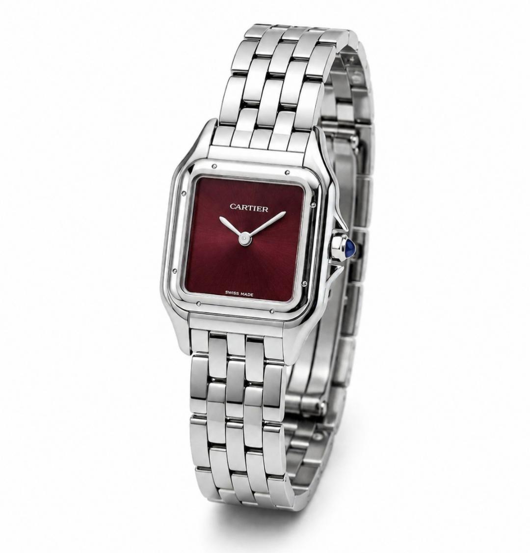 Cartier Panthère-Inspired Women’s Silver-Tone Square Watch with Burgundy Dial (Small Case) Dimensions: 25.1 × 18.5 mm