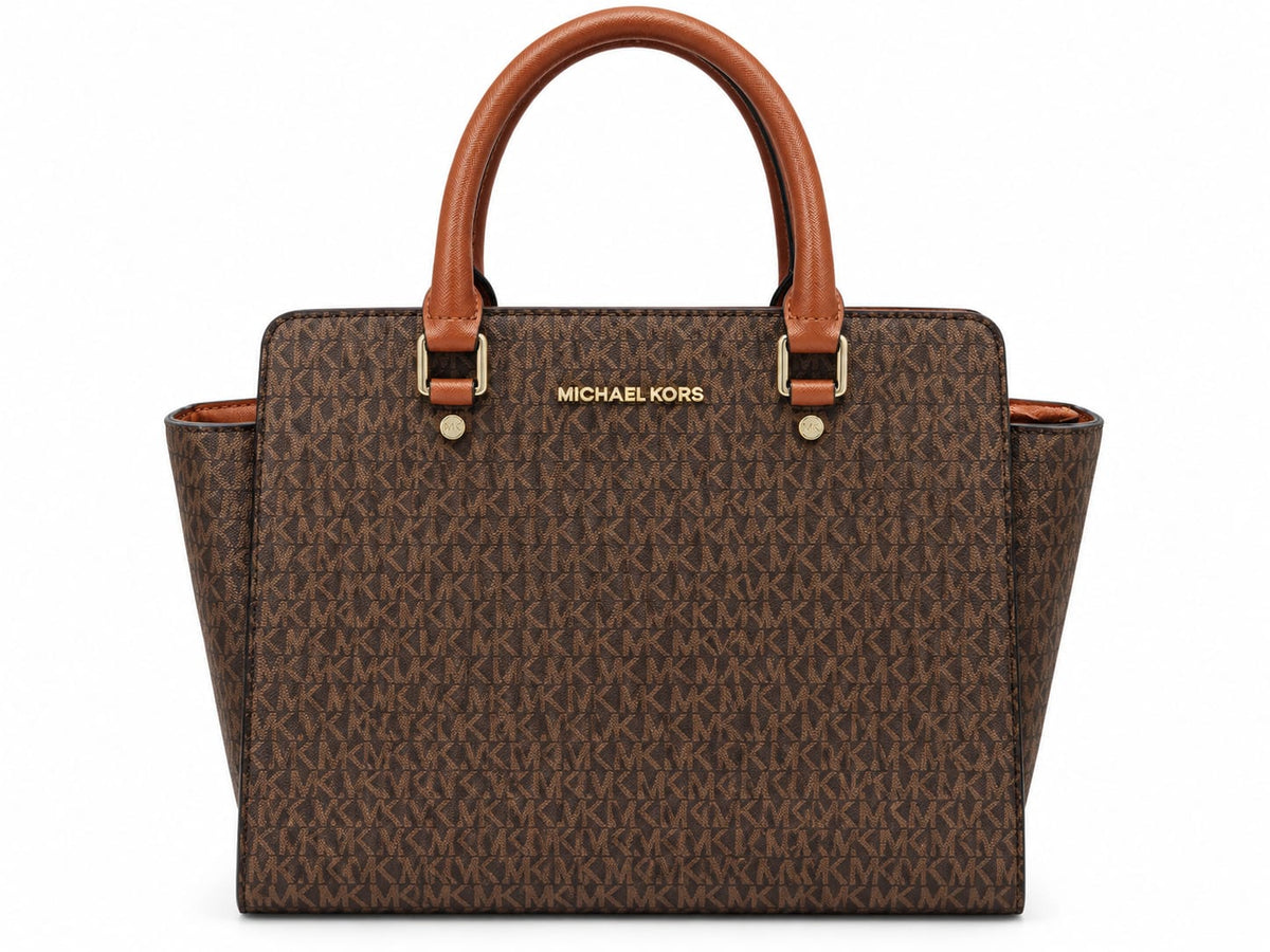 Michael Kors Women's Brown Signature Monogram Structured Tote Bag with Leather Handles#0038
