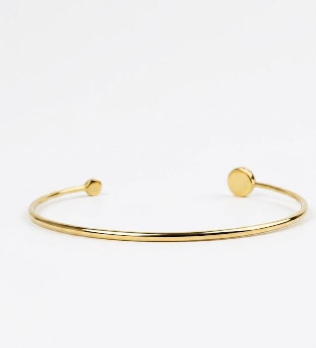 Women's Gold Stainless Steel Open Cuff Bracelet – Minimalist Design with Asymmetrical Circular Ends#018