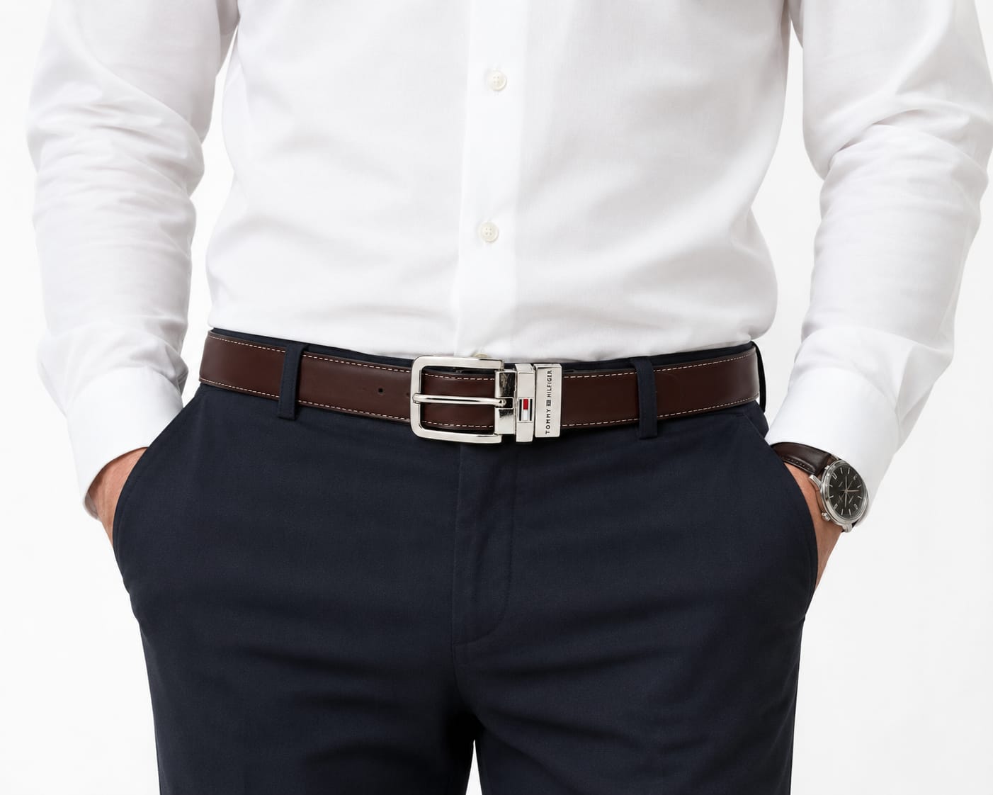 Tommy Hilfiger Men's Reversible Belt – Black & Brown Leather Belt with Silver-Tone Buckle#08
