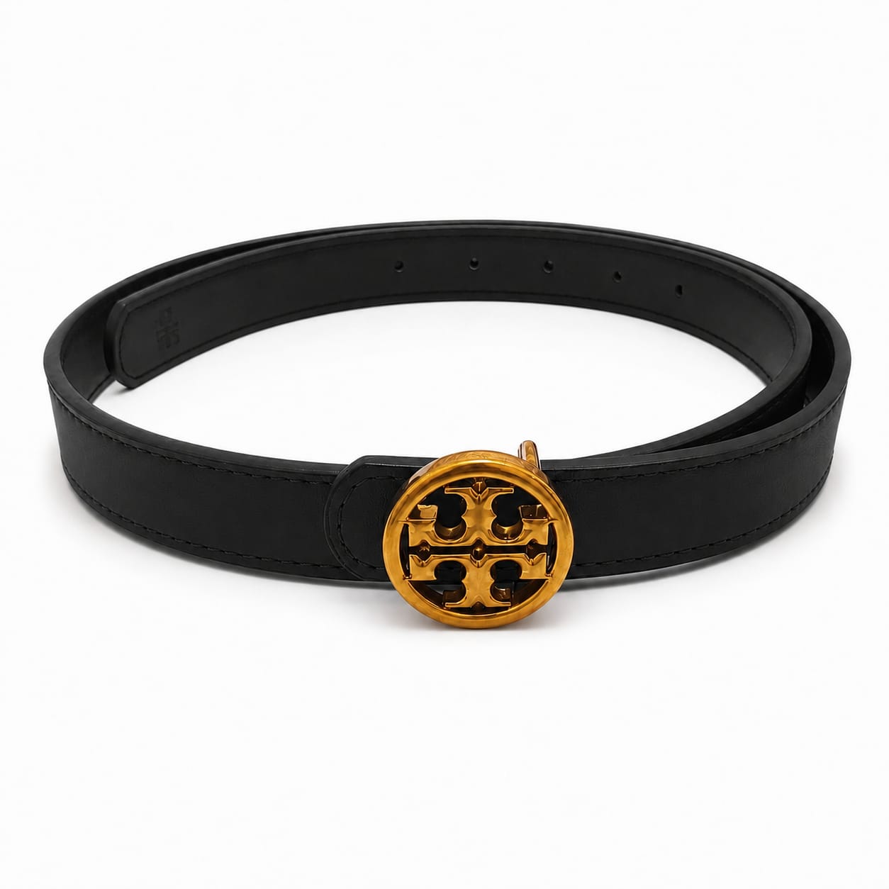 TORY BURCH Women's Premium Leather Belt with Gold Logo Buckle – Black#02