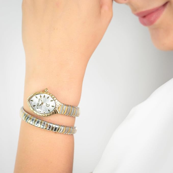 Just Cavalli Women’s JC1L322M0055 Quartz Watch – Unica Snake Design, Silver Dial & Two-Tone Stainless Steel Bracelet