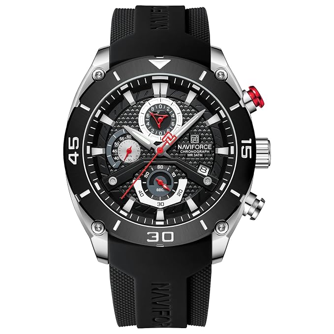 NAVIFORCE NF8038 Men's Chronograph Watch with Black Silicone Strap, 30M Water Resistant