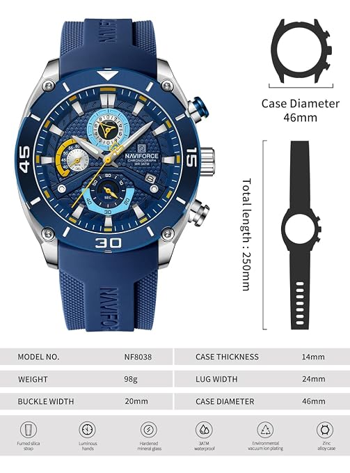 NAVIFORCE NF8038 Men's Chronograph Watch with Blue Silicone Strap, 30M Water Resistant