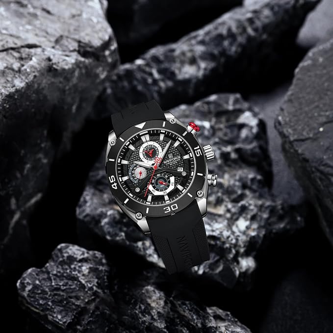 NAVIFORCE NF8038 Men's Chronograph Watch with Black Silicone Strap, 30M Water Resistant