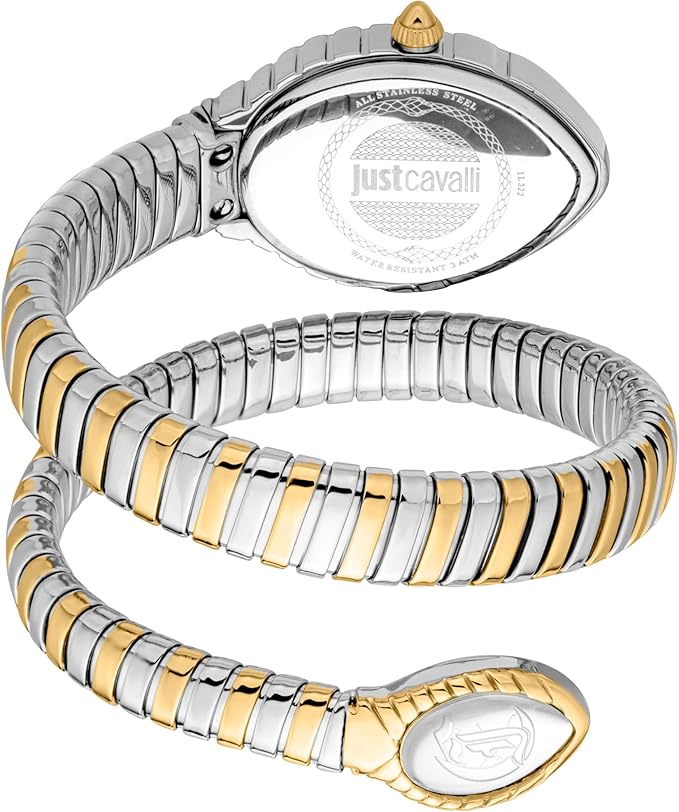 Just Cavalli Women’s JC1L322M0055 Quartz Watch – Unica Snake Design, Silver Dial & Two-Tone Stainless Steel Bracelet
