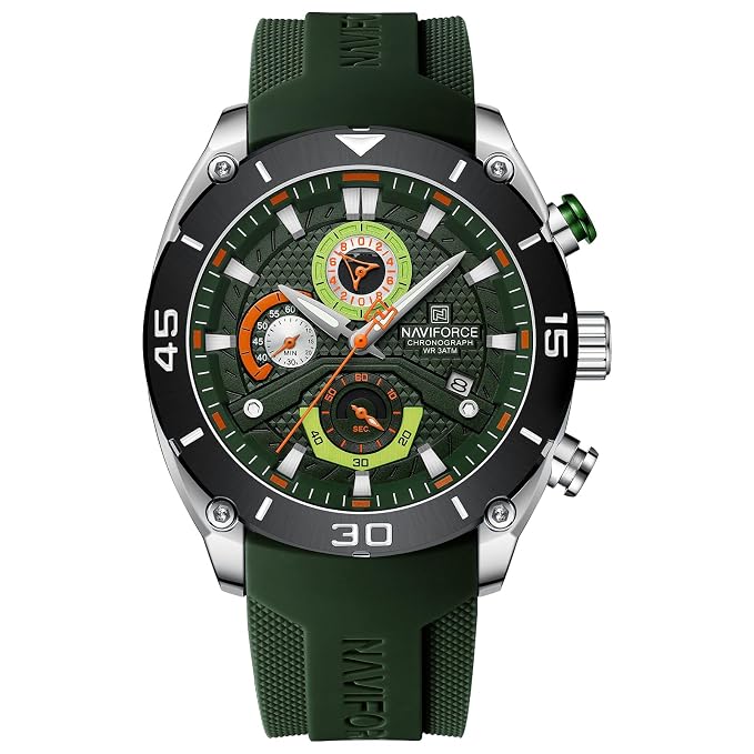 NAVIFORCE NF8038 Men's Chronograph Watch with Green Silicone Strap, 30M Water Resistant