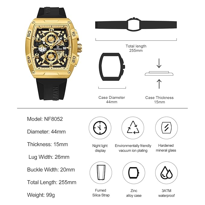 Naviforce NF8052 G/G/B Luminous Hollow Dial Barrel-shaped Sports Watch