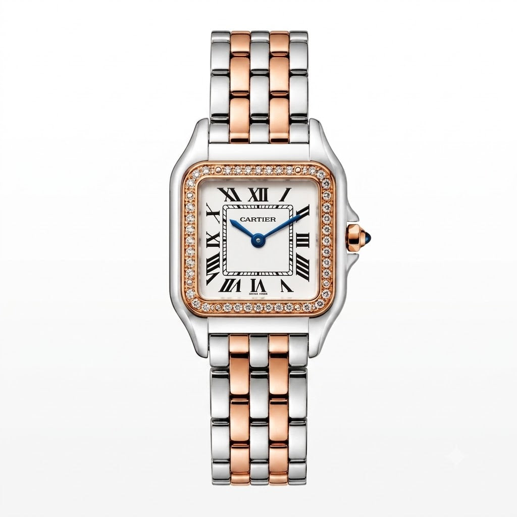 Cartier Women's Medium Square Two-Tone Stainless Steel Watch with White Dial (Rose Gold Accents) Dimensions: 36.5 × 26.7 mm