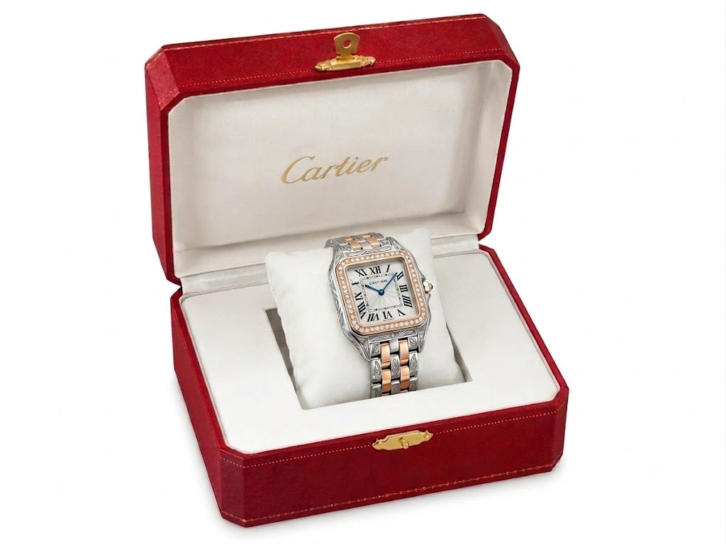 Cartier Women's Small Square Two-Tone Stainless Steel Watch with Silver Dial & Rose Gold Accents Dimensions: 25.1 × 18.5 mm