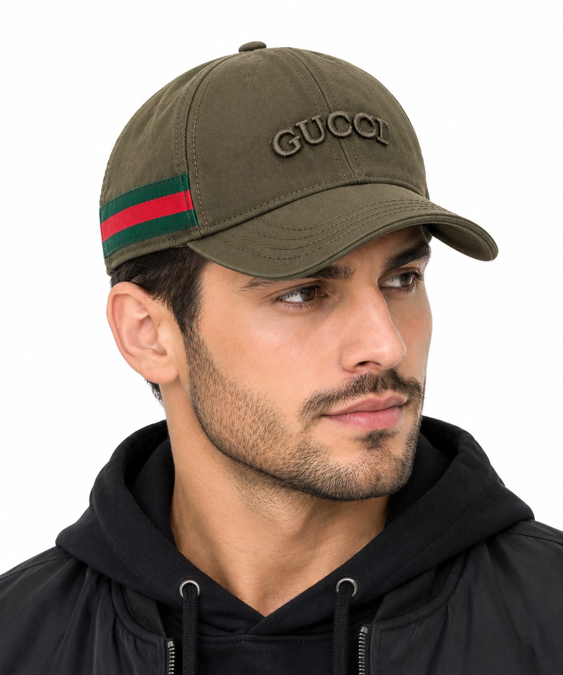 Men's Olive Green Baseball Cap with Embroidered Logo and Green-Red Side Stripes#10