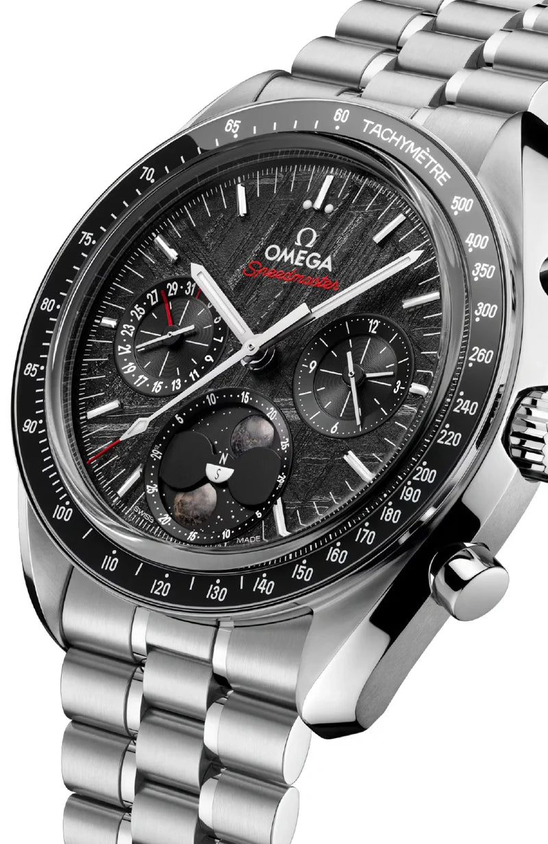 Omega Speedmaster Moonphase Men's Watch – Black Meteorite Dial & Stainless Steel Bracelet