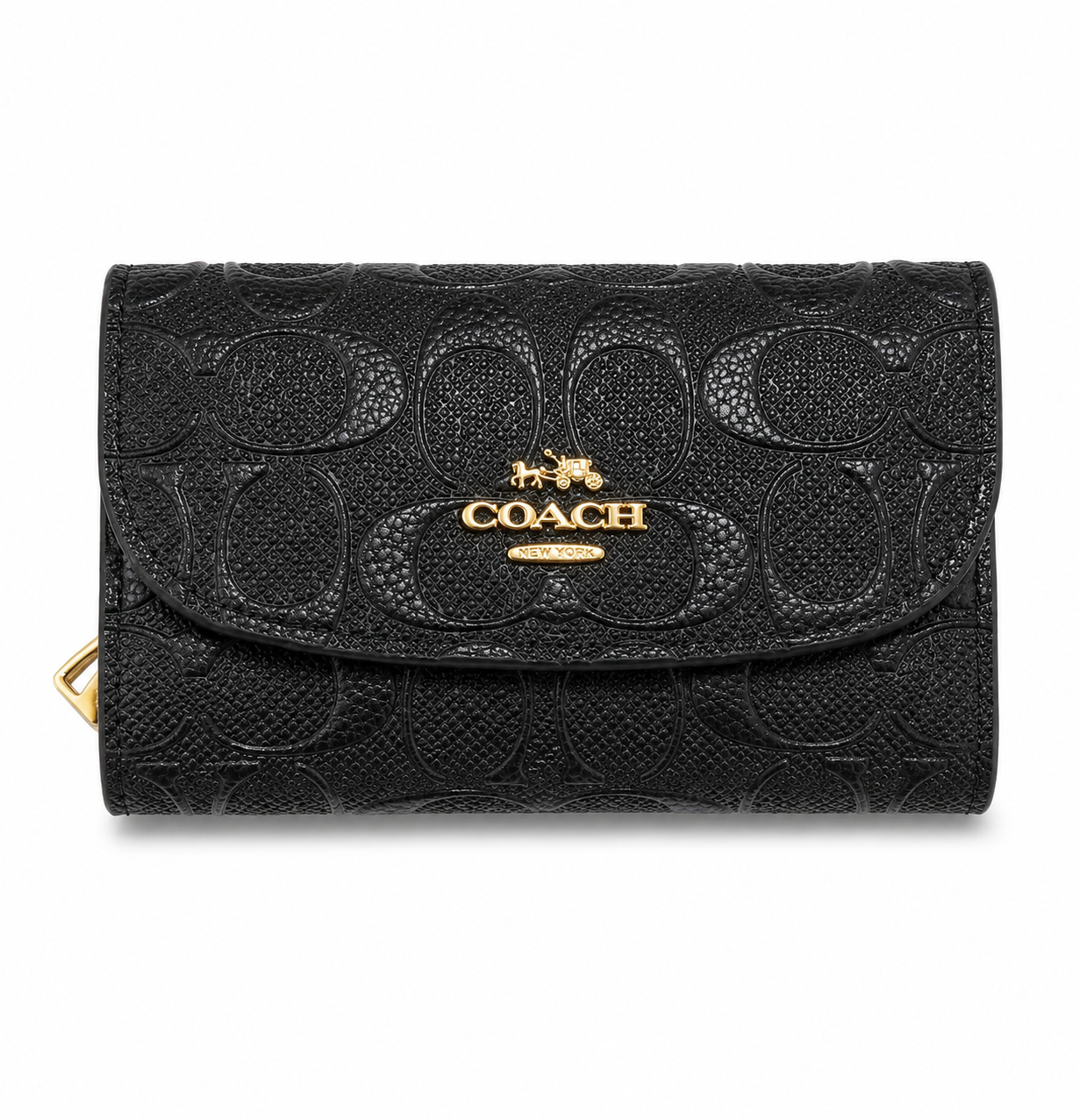 COACH Women's Premium Leather Wallet – Black with Signature Embossed Pattern & Gold Zipper#02