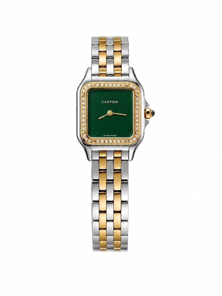 Cartier Panthère-Inspired Women’s Two-Tone Gold & Silver Square Watch with Sparkling Rhinestone-Set Bezel & Green Dial (Small Case) Dimensions: 25.1 × 18.5 mm