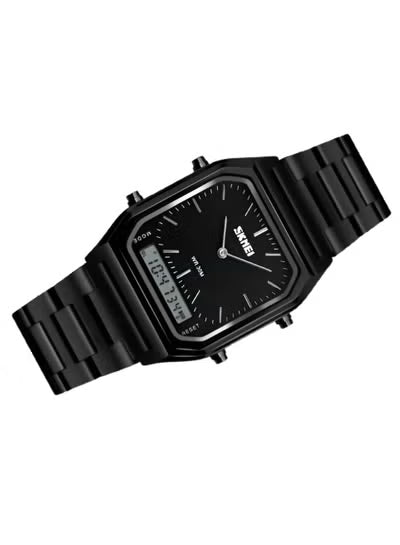 SKMEI 1220 Stainless Steel Analog Digital Watch – Black Dual Display Men’s Watch with Alarm, Stopwatch & Date