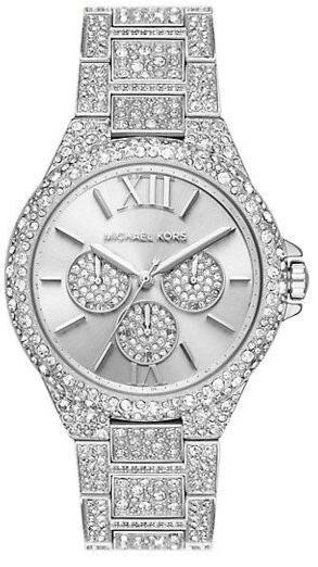 Michael Kors Camille Women’s Chronograph Watch – Silver Stainless Steel with Crystal Accents | Pearl White Dial | 42mm | MK6957