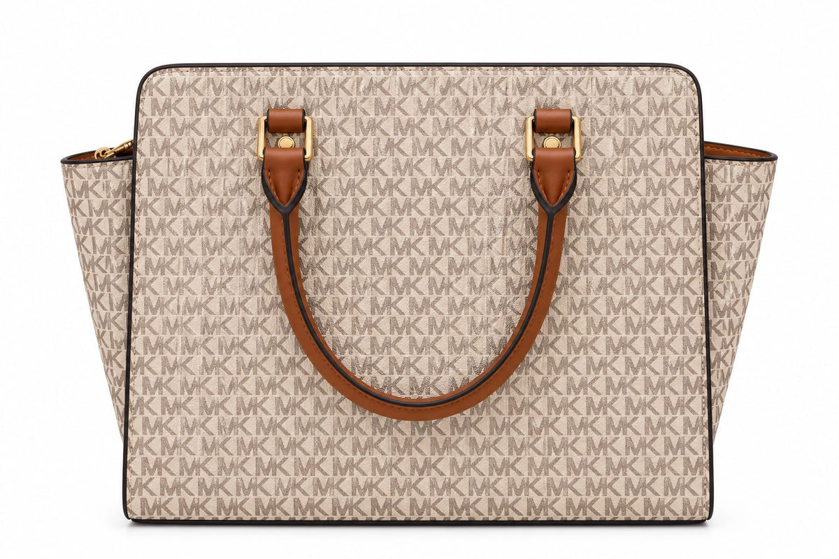 Women’s Monogram Tote Handbag with Detachable Shoulder Strap – Beige & Brown#0049