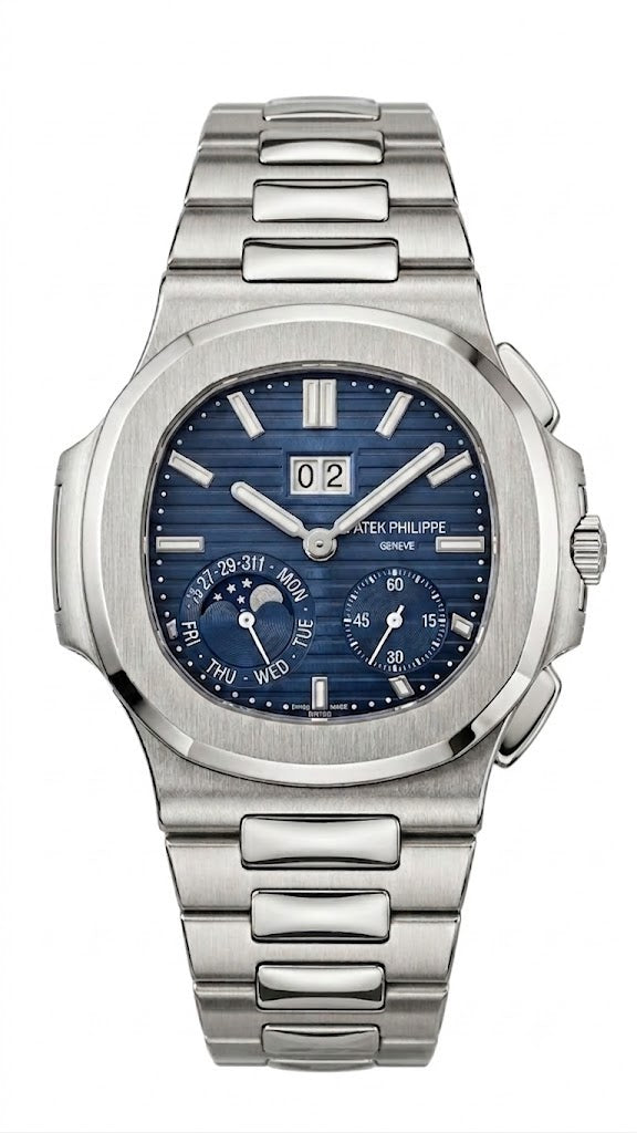 Luxury Nautilus-Style Stainless Steel Watch – Blue Dial, Multi-Function Display