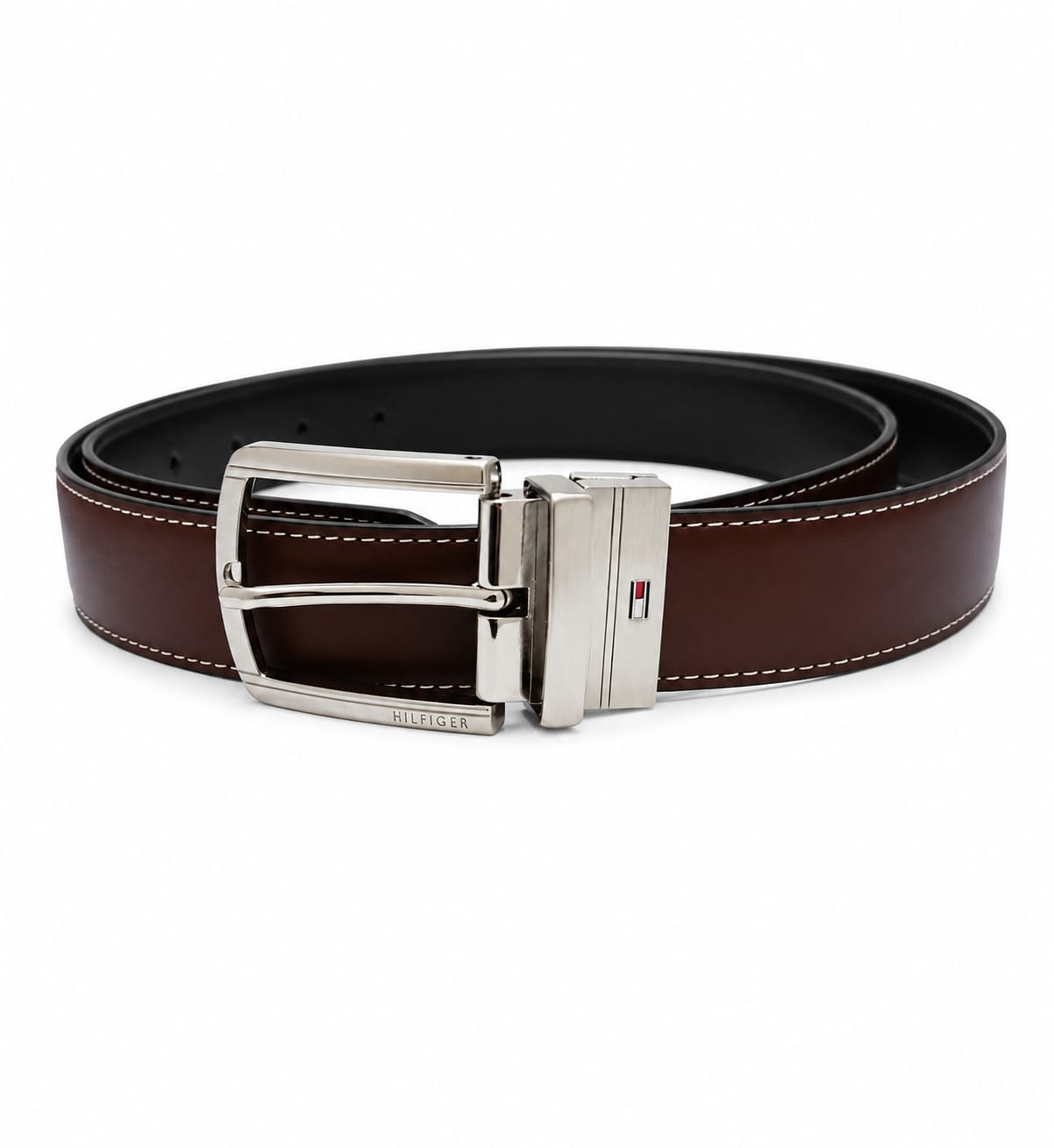 Tommy Hilfiger Men's Reversible Belt – Black & Brown with Elegant Silver Buckle#09