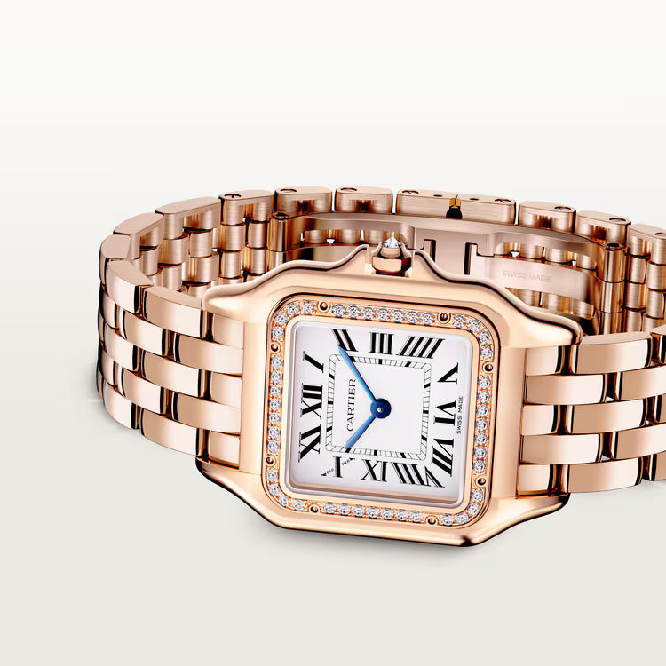 Cartier Panthère-Inspired Women’s Rose Gold-Tone Square Watch with Rhinestone-Set Bezel & White Dial (Medium Case) Dimensions: 36.5 × 26.7 mm