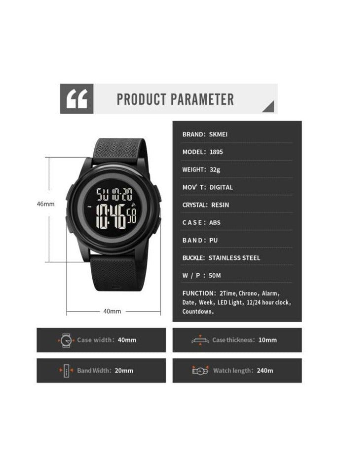 SKMEI 1895 Casual Slim Dial Countdown Sport LED Light Chrono Alarm Digital Wristwatch For Men