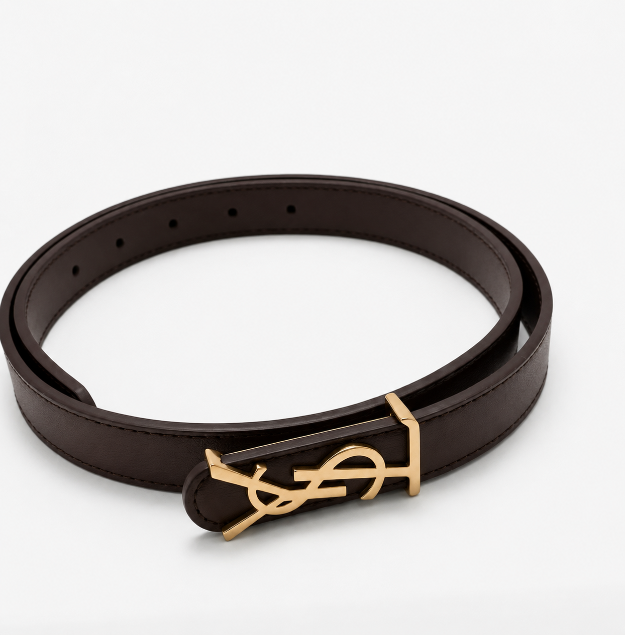 Yves Saint Laurent (YSL) Women's Reversible Premium Leather Belt – Dark Brown / Black with Gold YSL Monogram Buckle#05