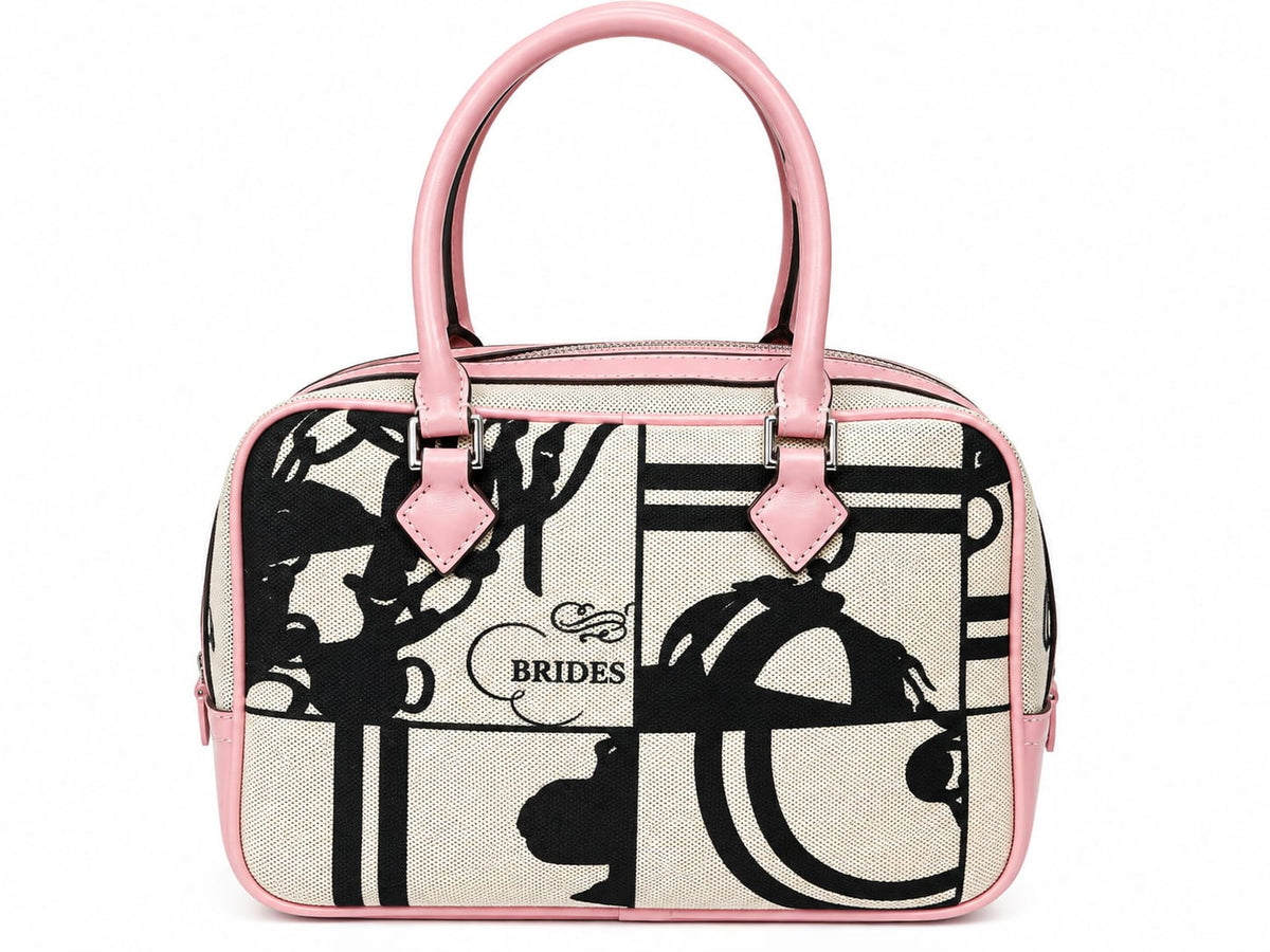 Women's Structured Top Handle Handbag with Artistic Print and Pink Trim#0002