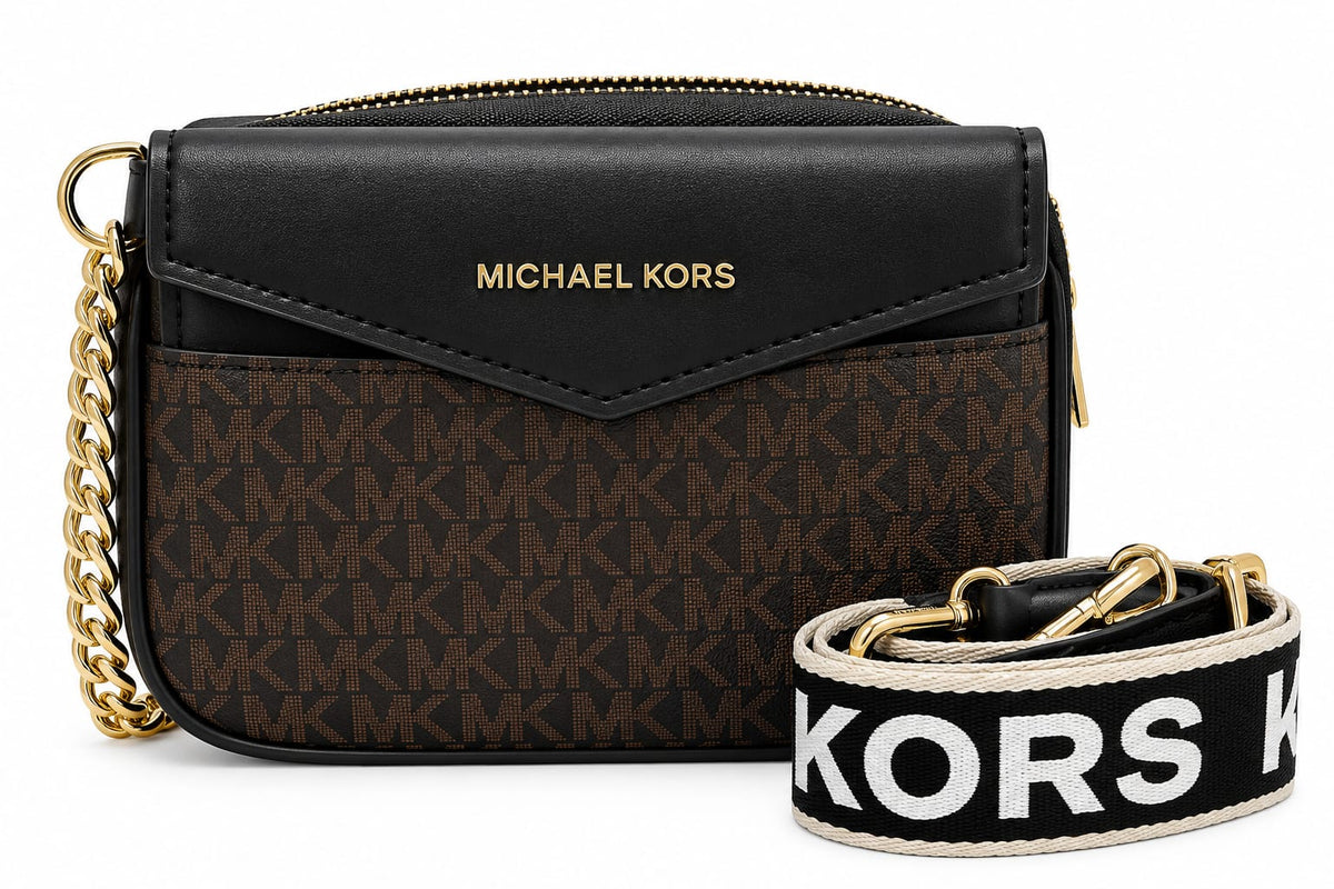 Women’s Dark Brown MK Monogram Crossbody Bag with Gold-Tone Zipper & Chain Detail#0083