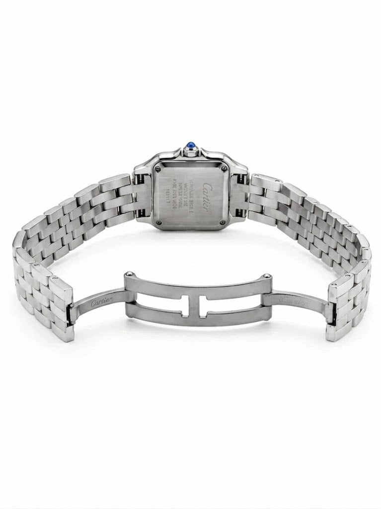 Cartier Panthère-Inspired Women’s Silver-Tone Square Watch with Sparkling Rhinestone-Set Bezel & Navy Blue Dial (Small Case) Dimensions: 25.1 × 18.5 mm