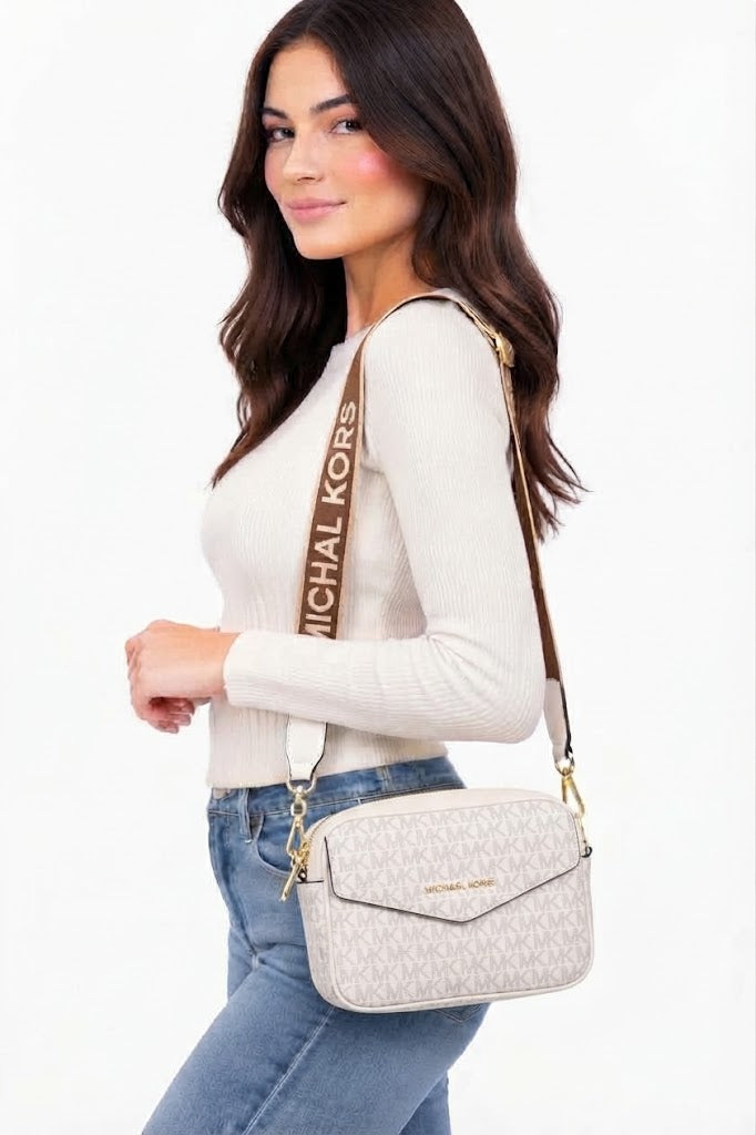 Michael Kors Signature Monogram Camera Crossbody Bag – White#0070