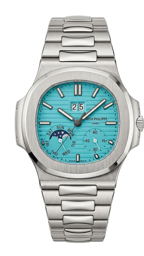 Luxury Nautilus-Style Stainless Steel Watch – Aqua Blue Dial, Multi-Function Display