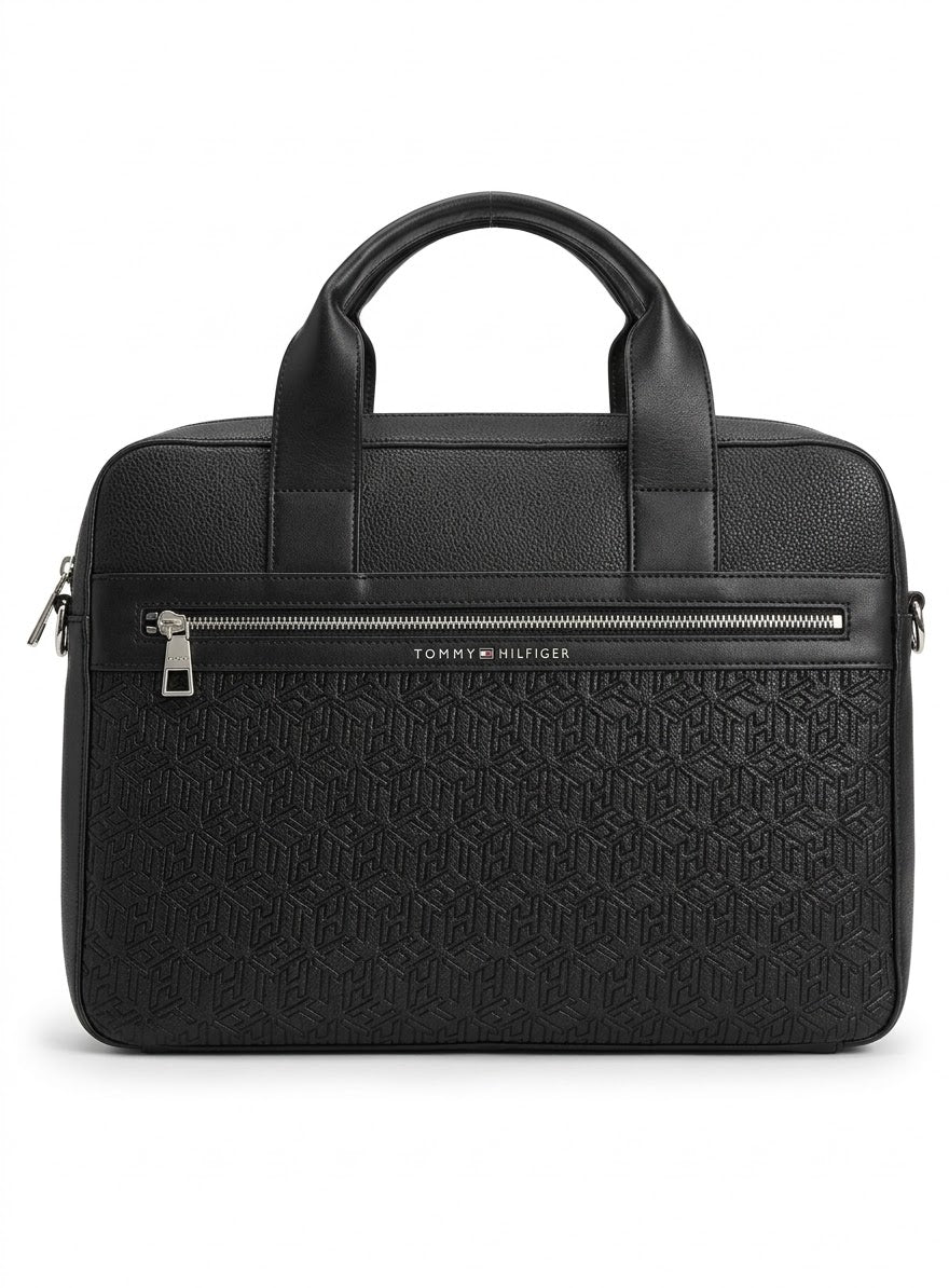 Tommy Hilfiger Men's Black Monogram Leather Business Briefcase & Laptop Bag#0083