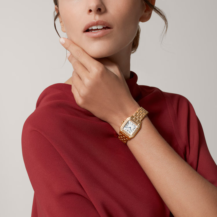 Cartier Panthère-Inspired Women’s Rose Gold-Tone Square Watch with Rhinestone-Set Bezel & White Dial (Medium Case) Dimensions: 36.5 × 26.7 mm