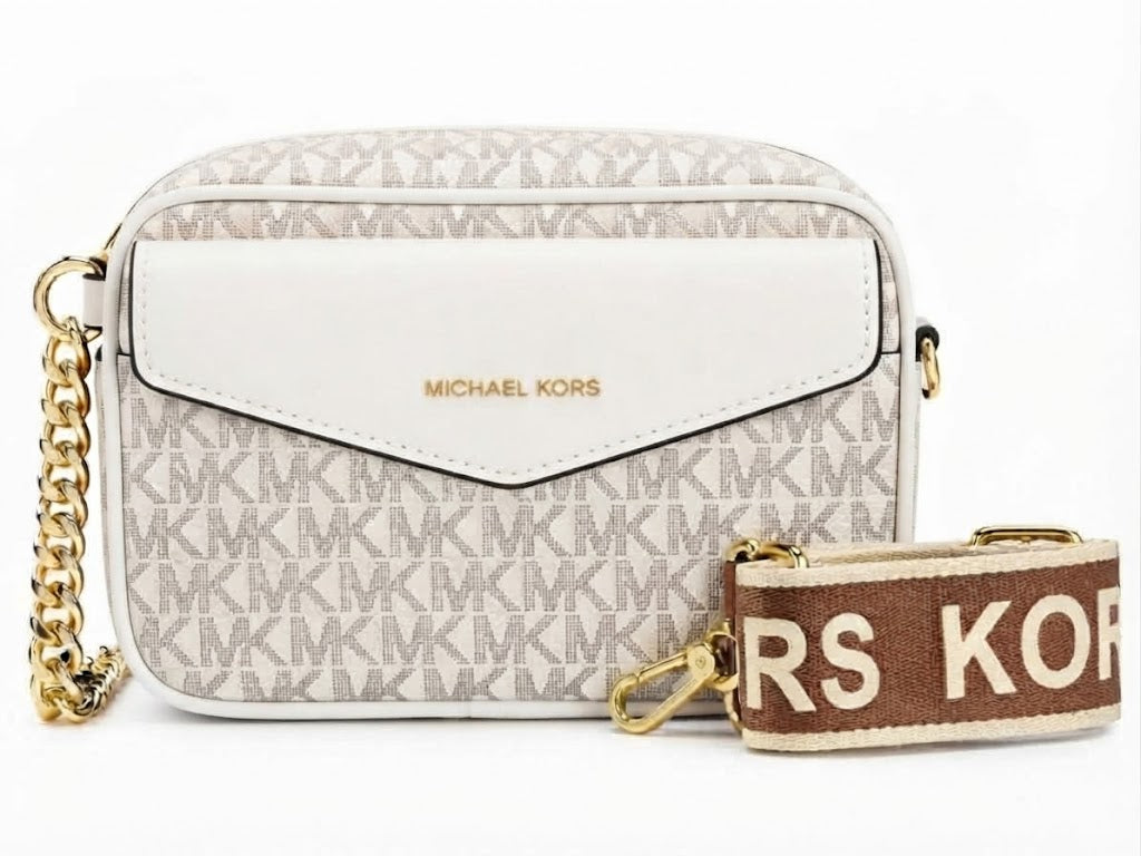 Michael Kors Signature Monogram Camera Crossbody Bag – White#0070
