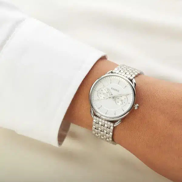 Fossil Tailor ES3712 Women’s Watch – Silver Stainless Steel Bracelet & White Dial | 35mm Quartz Elegant Timepiece