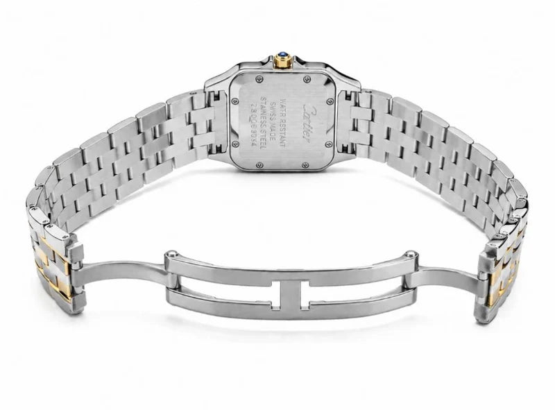 Cartier Panthère-Inspired Women’s Two-Tone Gold & Silver Square Watch with Sparkling Rhinestone-Set Bezel & Black Dial (Medium Case) Dimensions: 36.5 × 26.7 mm