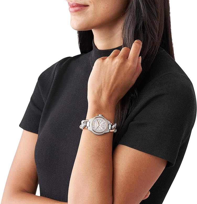 Michael Kors Camille Pavé Women’s Chronograph Watch – Two-Tone Stainless Steel with Crystal Bracelet | Silver Dial | 34mm | MK6843