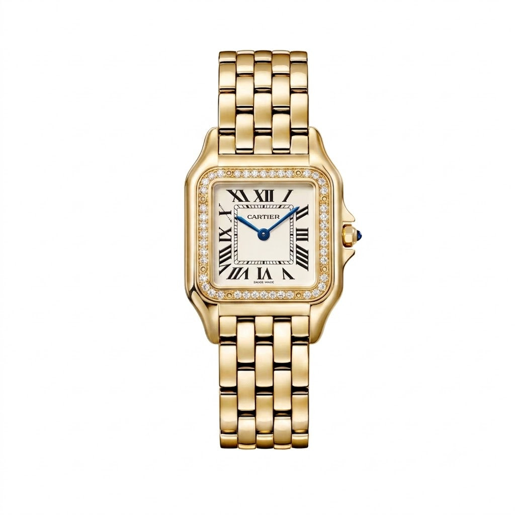 Cartier Panthère-Inspired Women’s Gold-Tone Square Watch with Stone-Set Bezel & White Dial (Medium Case) Dimensions: 36.5 × 26.7 mm