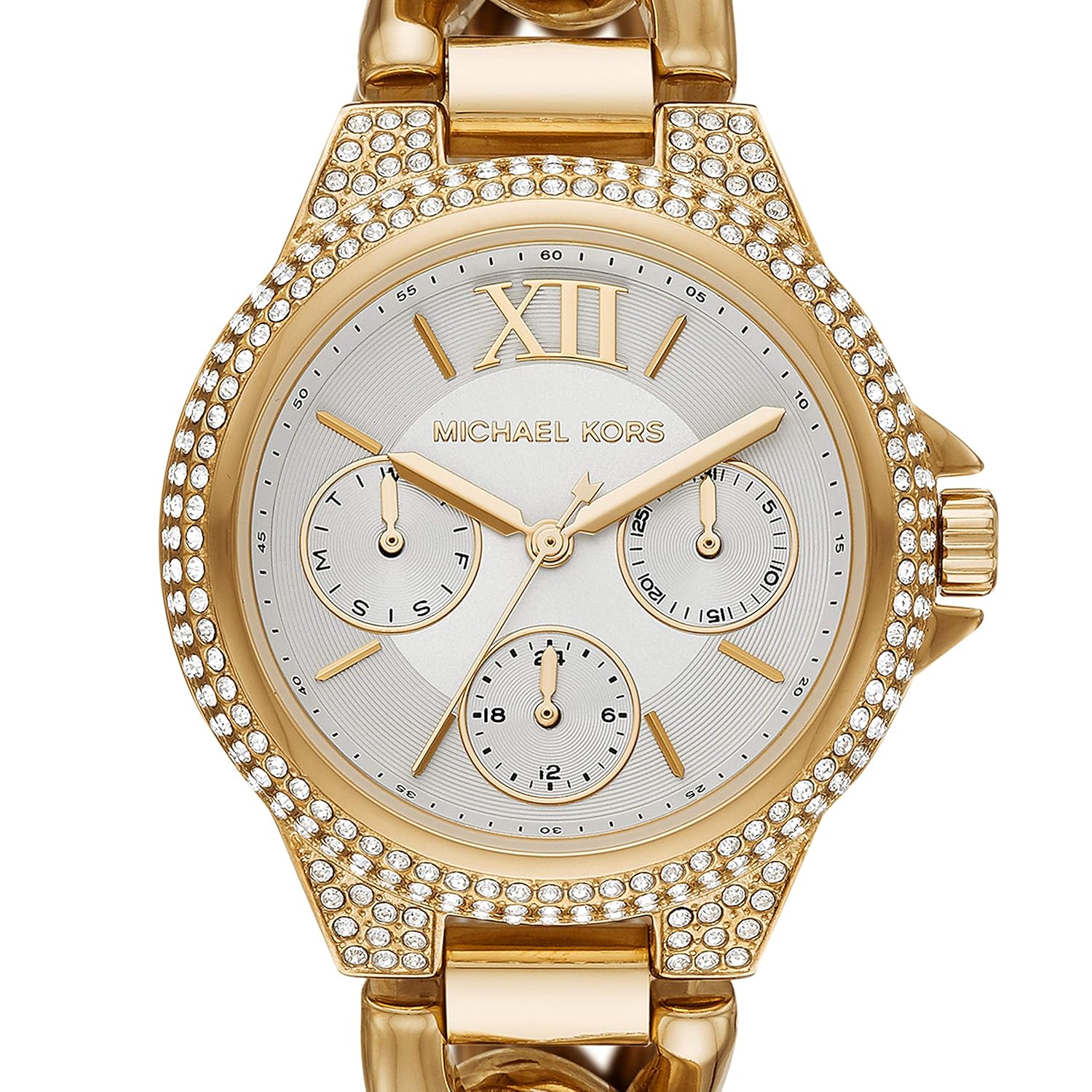 Michael Kors Camille Women’s Chronograph Watch – Gold Stainless Steel with White Dial & Pavé Crystal Bezel | 34mm | MK6842