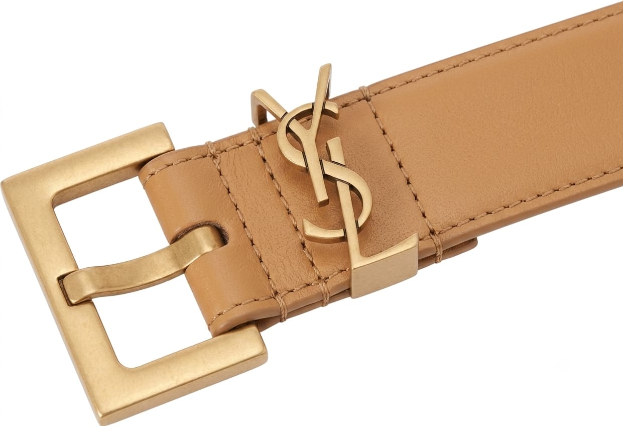 Yves Saint Laurent (YSL) Women's Premium Leather Belt – Brown with Gold Monogram Buckle#03