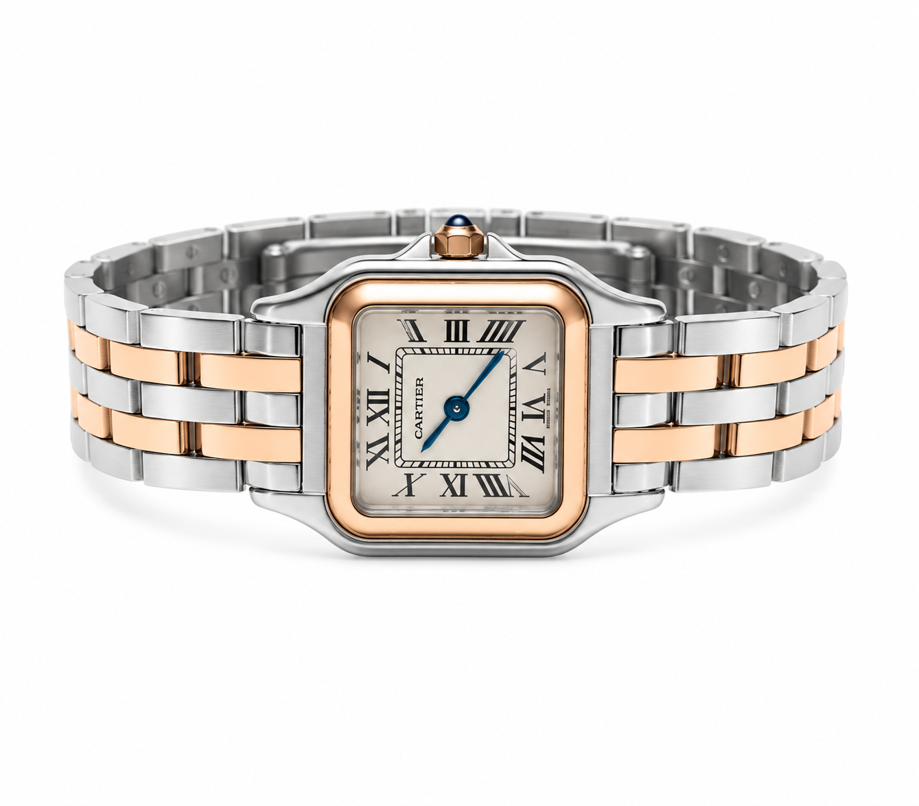 Cartier Women's Small Square Two-Tone Stainless Steel Watch with White Dial & Rose Gold Accents  Dimensions: 25.1 × 18.5 mm