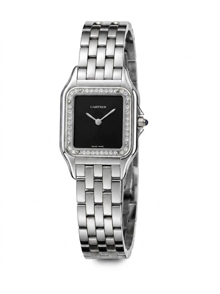 Cartier Panthère-Inspired Women’s Silver-Tone Square Watch with Sparkling Rhinestone-Set Bezel & Black Dial (Medium Case)  Dimensions: 36.5 × 26.7 mm