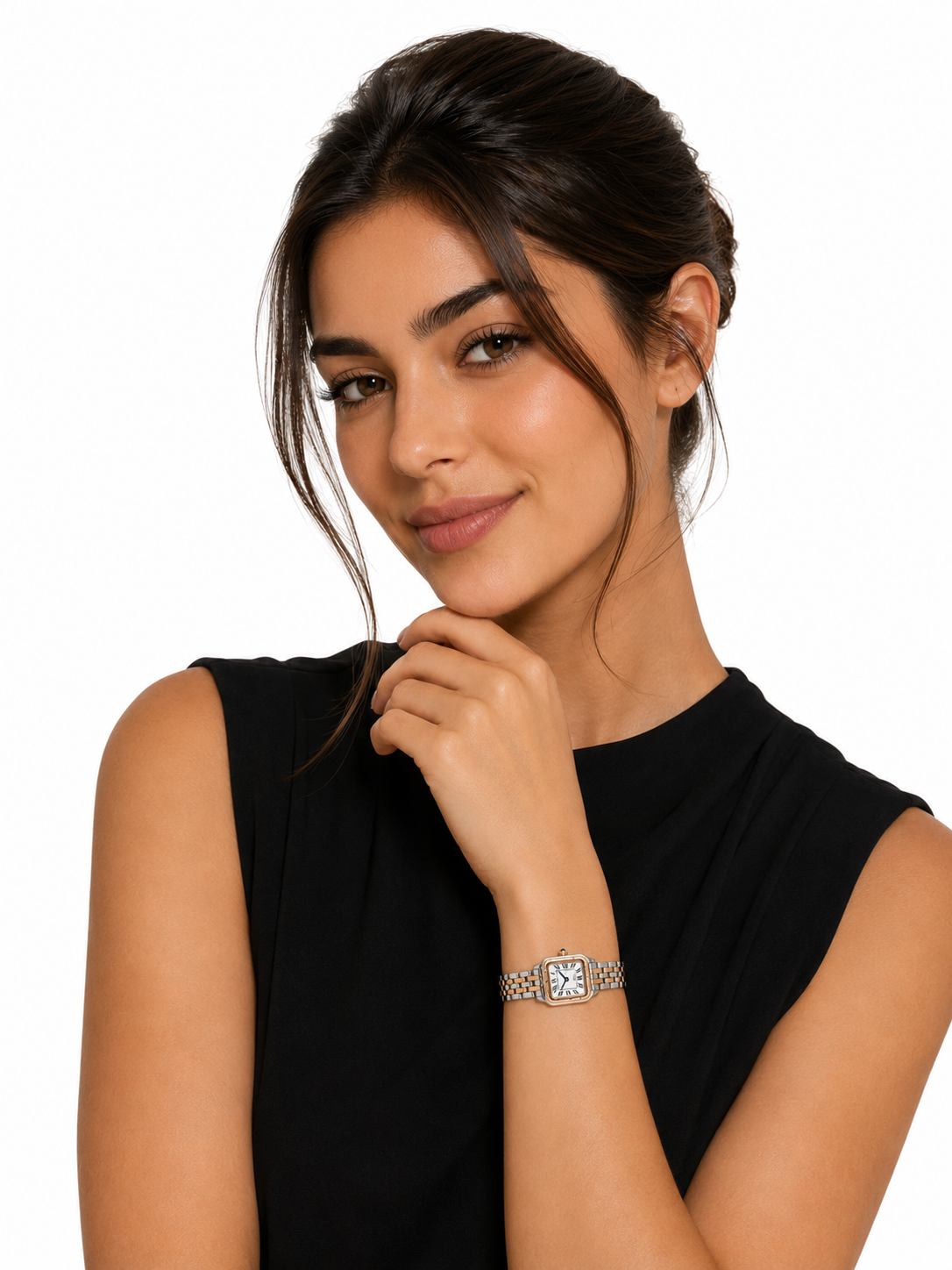 Cartier Women's Small Square Two-Tone Stainless Steel Watch with White Dial & Rose Gold Accents  Dimensions: 25.1 × 18.5 mm