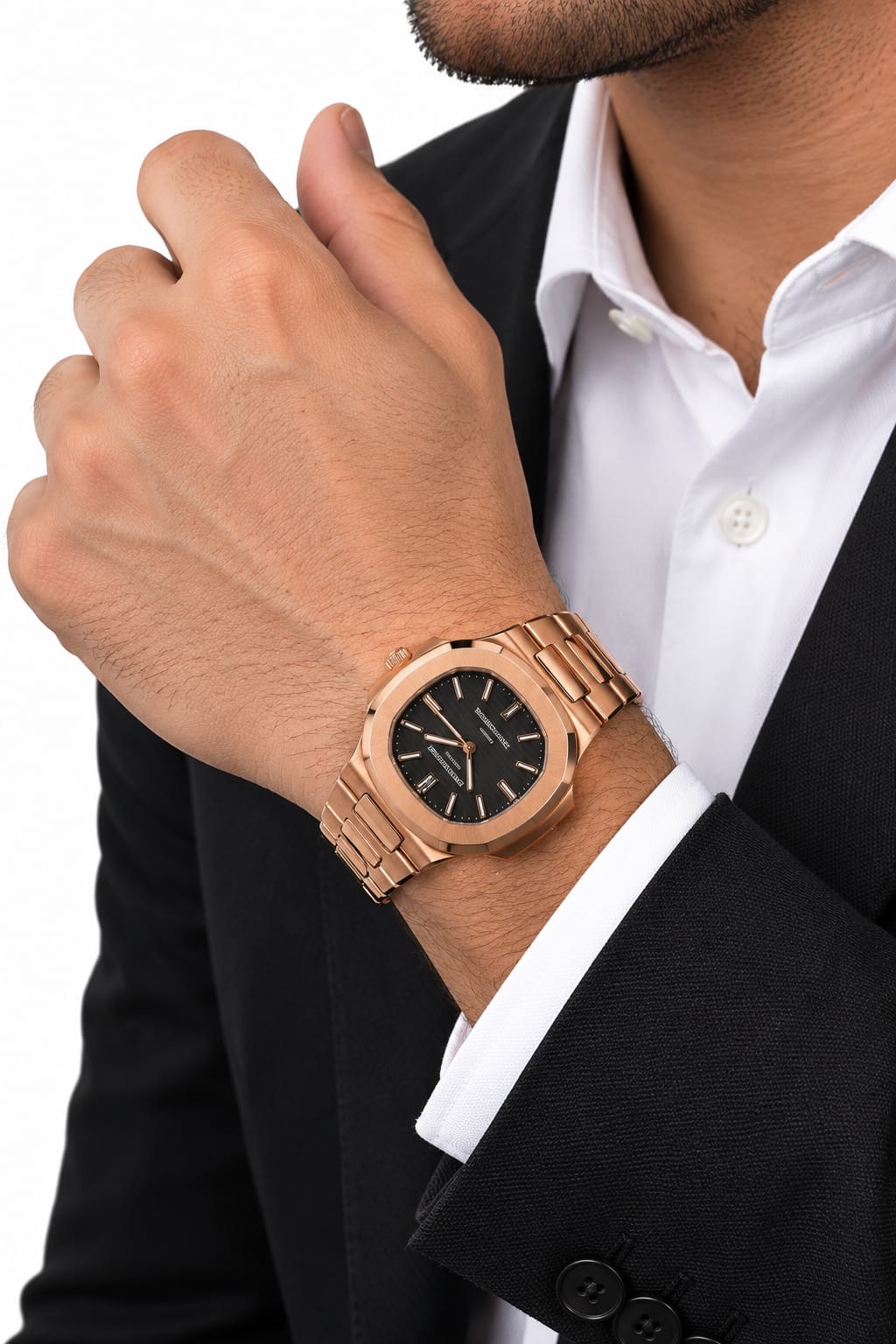 Patek Philippe Nautilus Self-Winding Rose Gold Luxury Men's Watch – Dark Embossed Dial and Integrated Bracelet