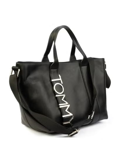 Tommy Hilfiger Black Statement Tote Bag – Iconic Metallic “TOMMY” Logo Large Women’s Handbag#81