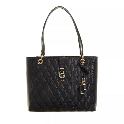 GUESS Adi Noel Tote – Black Quilted Faux Leather with Gold Hardware