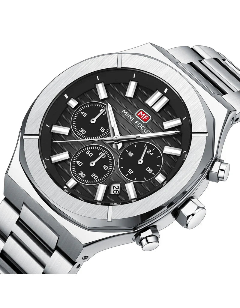 Mini Focus Men’s Stainless Steel Quartz Watch – 43mm Chronograph Style, Black Dial